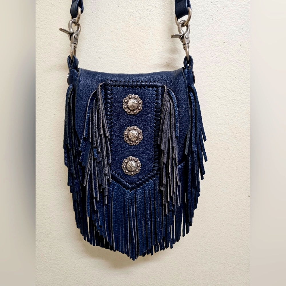 Tribe America Navy Blue Leather Concho Clip Bag & Crossbody Purse